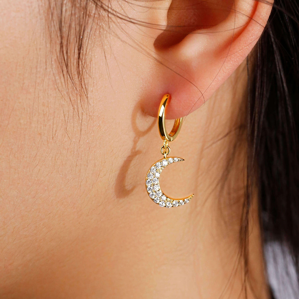 Cute Moon Huggie Hoop Earrings Cute Hoop Earrings With Moon Charms - Trendolla Jewelry