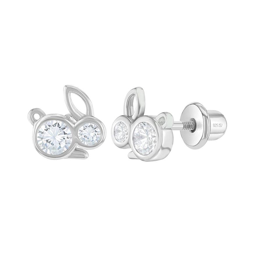Sterling Silver CZ Bunny Rabbits Baby Children Screw Back Earrings - Trendolla Jewelry