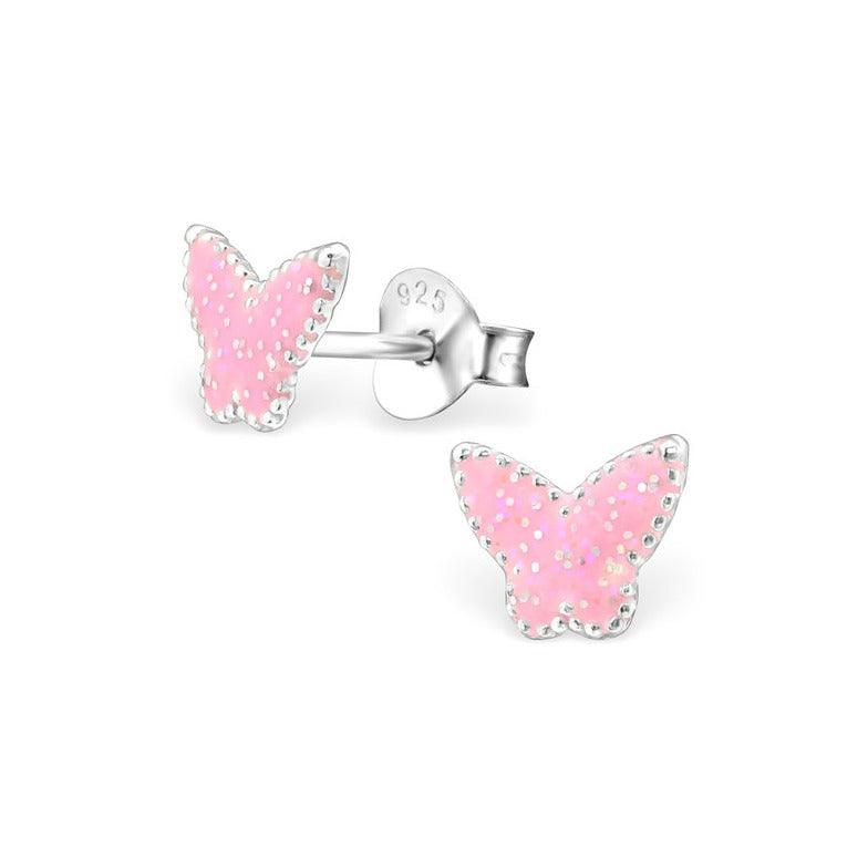 Sterling Silver Pink Glitter Butterflies Baby Children Earrings - Trendolla Jewelry