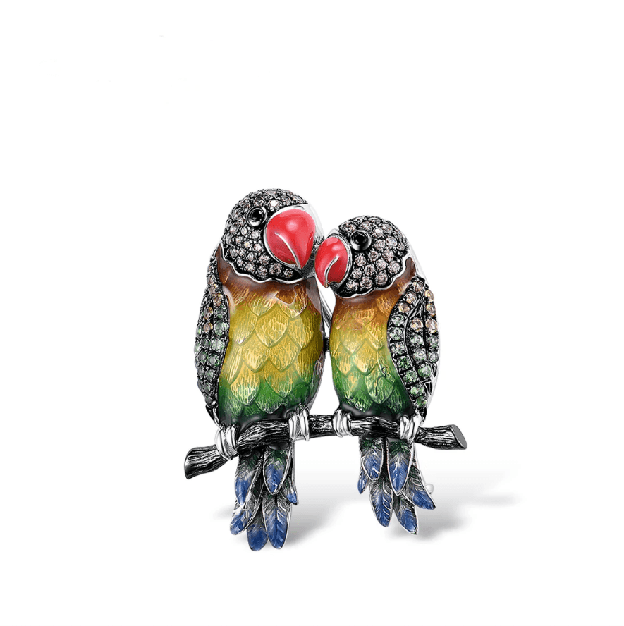 Trendolla Sterling Silver Parrot Couple Enamel Pin Brooch - Trendolla Jewelry